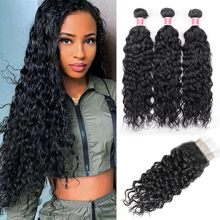 Malaysian Water Wave 3 Bundles with 4*4 Lace Closure Virgin Human Hair