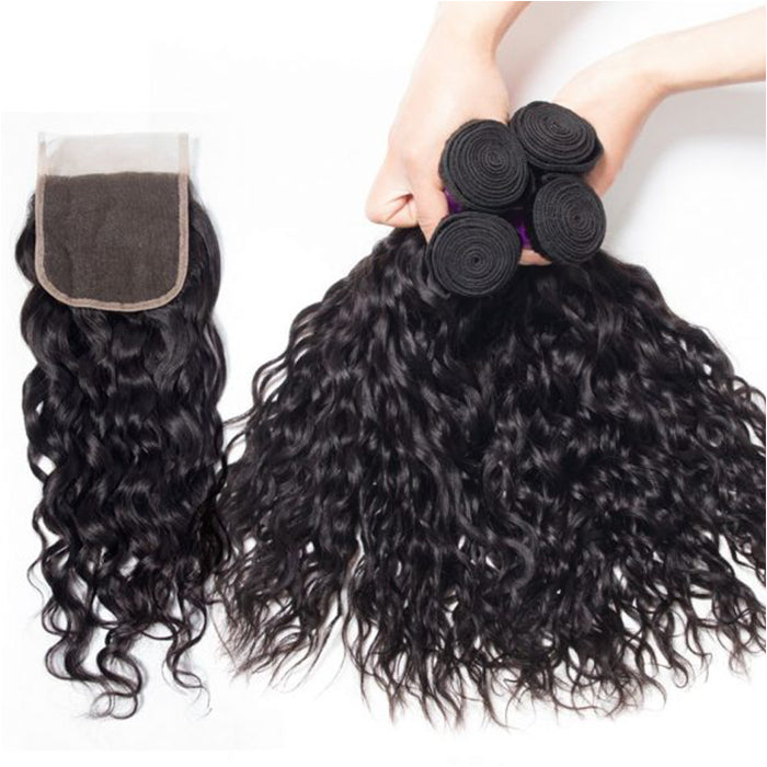 Brazilian Water Wave 4 Bundles with 4*4 Lace Closure Virgin Human Hair