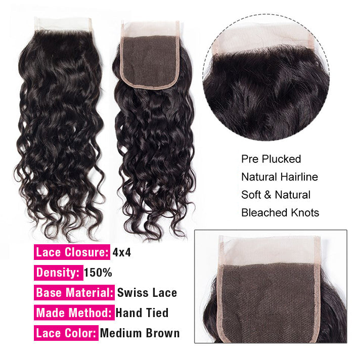 Peruvian Water Wave 4 Bundles with 4*4 Closure Soft Unprocessed Virgin Human Hair