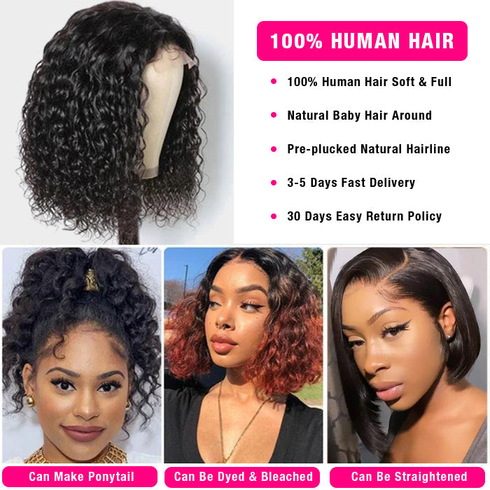 Water Wave Bob Wigs Human Hair Pre Plucked Glueless Lace Front Wigs 100% Virgin Human Hair Wigs