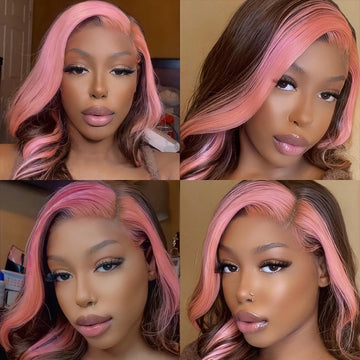 Strawberry Pink & Chocolate Skunk Stripe Color Wigs Straight and Body Wave 13*4 Lace Front Wigs